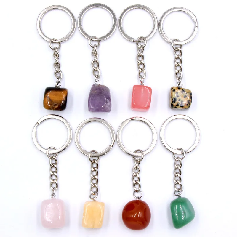 Natural Stone Irregular Keychain Rose Quartz Tiger's Eye Opal Crystal  Key Ring Key Chain keyring