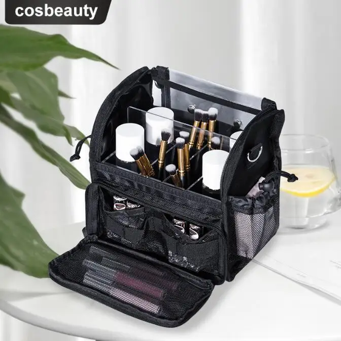 Custodia per trucco da viaggio con divisorio in acrilico custodia per Organizer con custodia per pennelli per trucco borsa per cosmetici in piedi borsa da viaggio per artisti - immagine 3