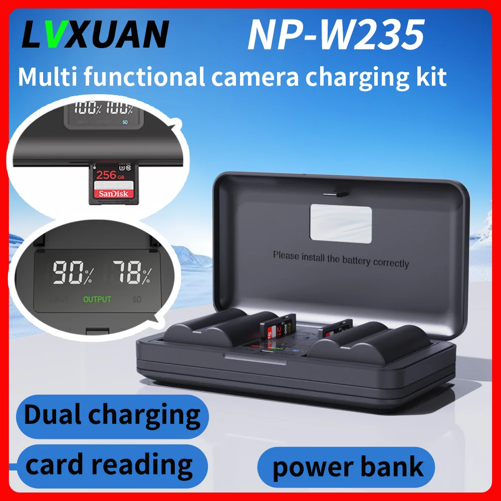 NP-W235 battery and  LCD USB charger for Fujifilm X-T5, X-T4, VG-XT4, X-S20, GFX50S II, GFX100S, X-H2, X-H2S