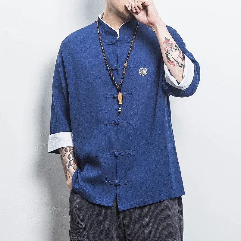 Men Chinese Style Shirt Men Chinese Style Hanfu Shirt Mens Tops Tang Suit Linen Solid Traditional Kung Fu Shirts Male Cotton Kimono Shirts M-5XL