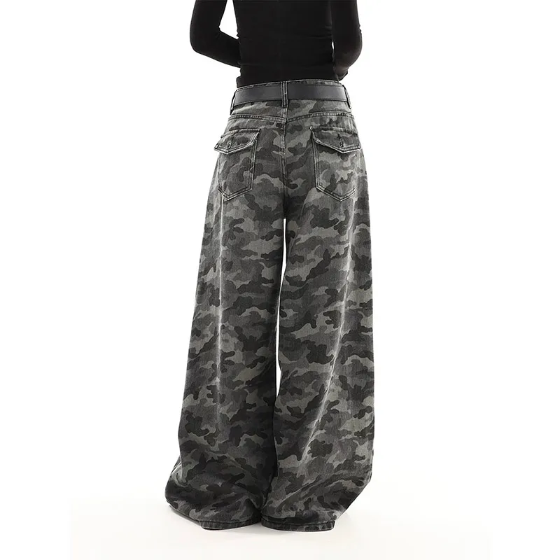 Women camouflage Jeans Sense design Vintage High Waisted Straight Denim Trouser Y2K American Streetwear Wide Leg Denim Pants ﻿ 5