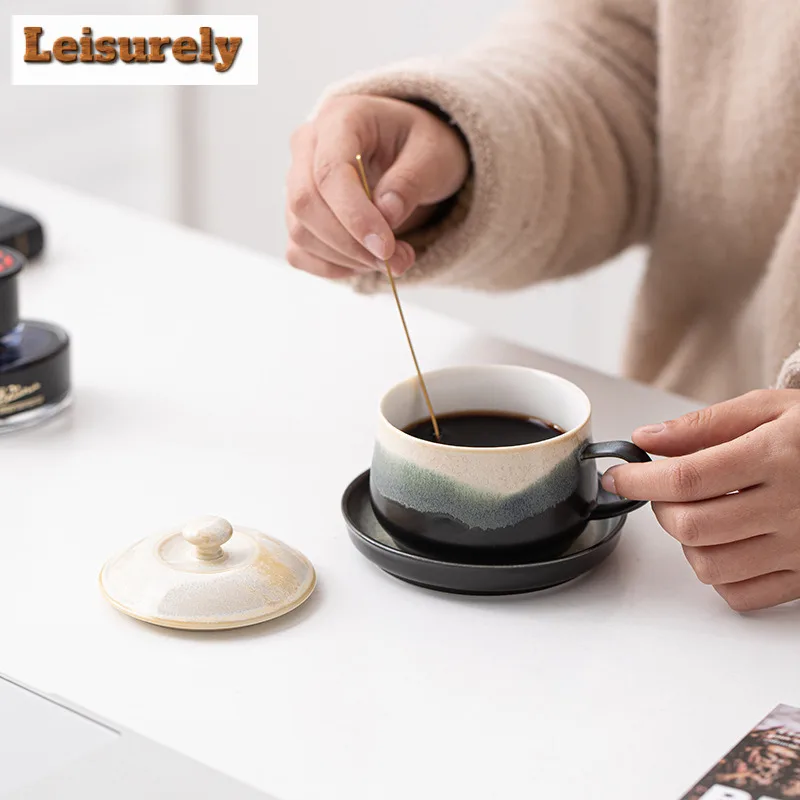 220ml Painted Coffee Mug With Plate Cappuccino Latte Cup Afternoon Tea Mug Household Cup Saucer Kit Office Water Cup Drinkware