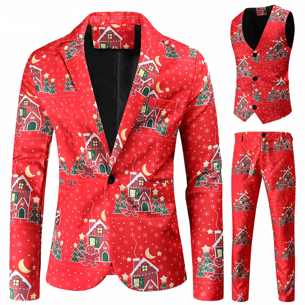Trajes navideños para hombre, traje de 3 piezas de corte regular, estampado de copos de nieve, muñeco de nieve, chaqueta, pantalones, chalecos, conjunto de traje para hombre para Navidad