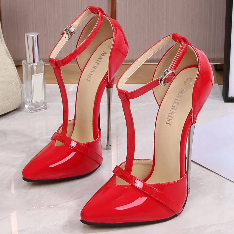 

Big Size Sexy Women Patent Leather Thin High Heels Ankle Strap Pointed Toe Sandals Lady Nightclub Party Elegant Shoes DB0023