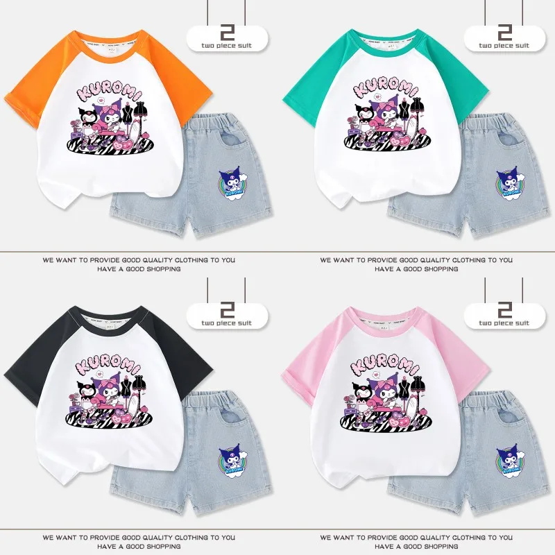 

Sanrio Новинка Y2K Kawaii аниме Kuromi Детский костюм с коротким рукавом мультяшный летний Повседневный джинсовый костюм милый свободный костюм для девочек студенческий подарок