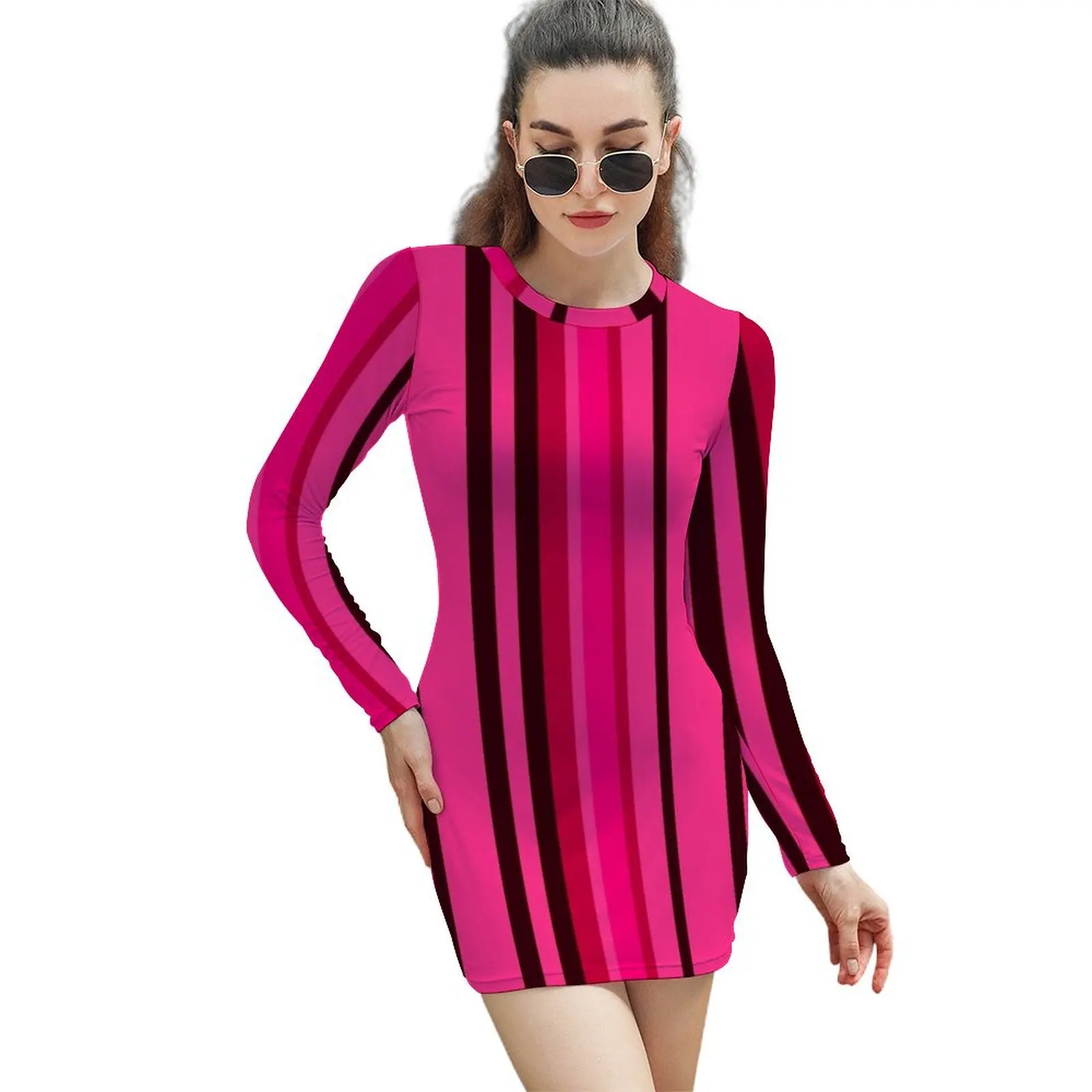 

Pink and Black Stripe Pattern Design Long-Sleeved Sheath Dress luxury dresses