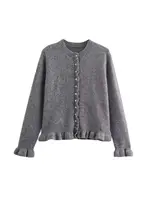 Women's Ruffled Knit Cardigan Sweater O-Neck Long Sleeve Chic Top with Front Buttons Fashion Outerwear - Image 5