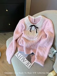 High Quality Kawaii Knitted Jumper Elegant Korean Fashion Long Sleeve Pink Cardigan Casual O-Neck Sweet Sweater Autumn Winter
