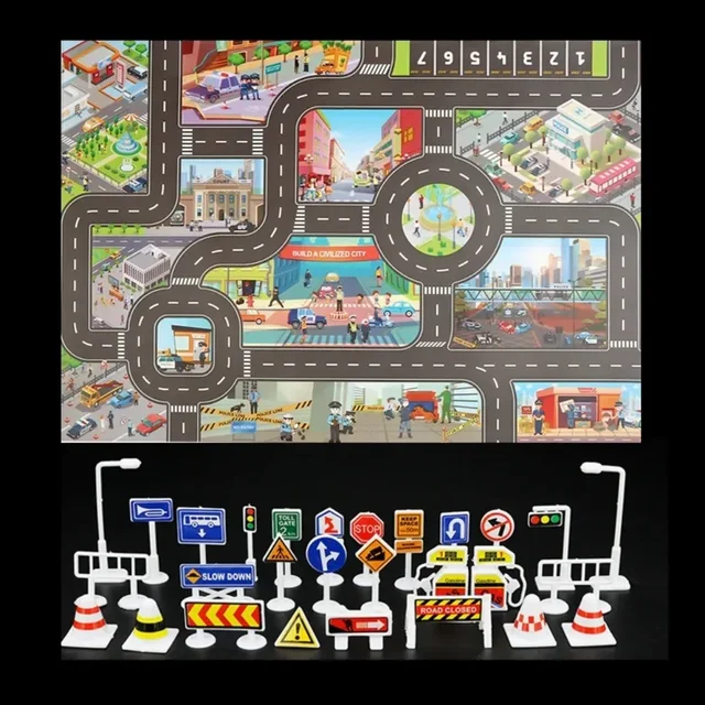 Tapis de jeu pour bébé, tapis de carte de route de circulation urbaine, tapis de stationnement de voiture de ville, panneaux de signalisation, tapis de jeu d'escalade pour bébé 4