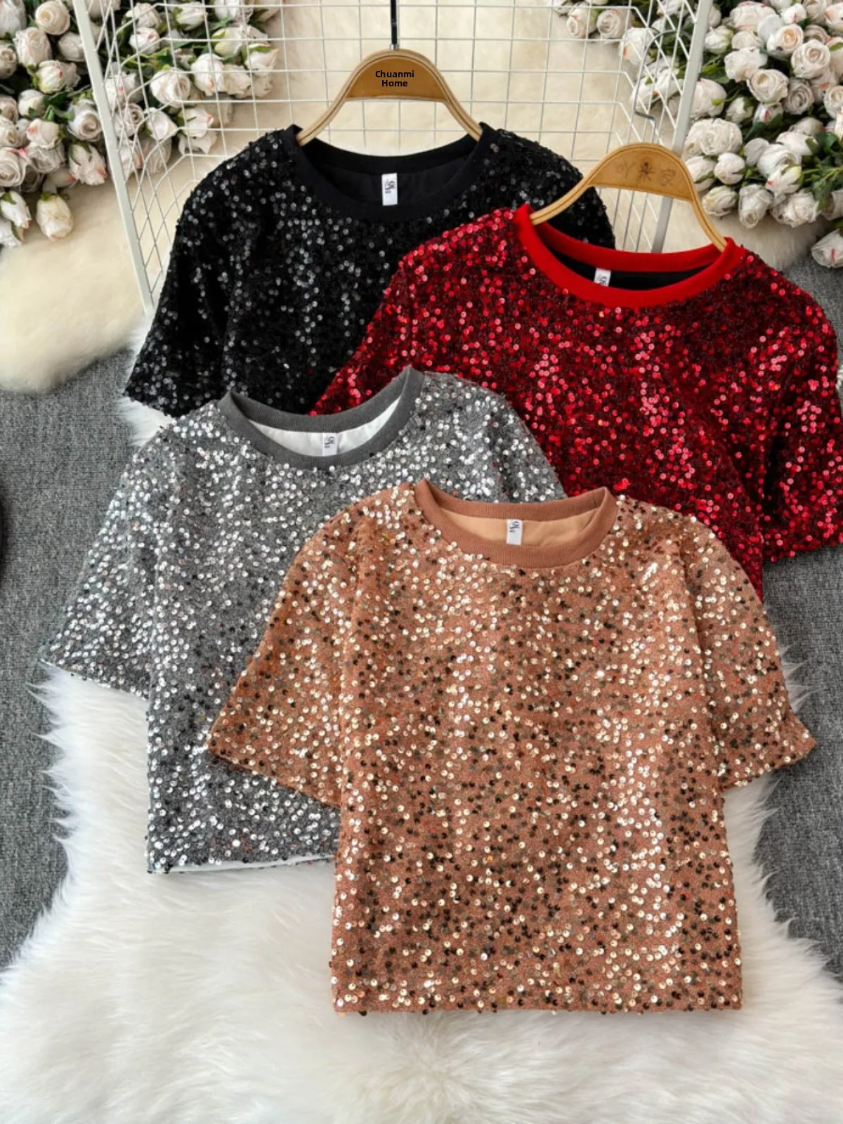 Slimming Effect Sequin ort Sve Women's T-irt Summer Korean Sle Commute Creative Pattern Casual round Ne Top