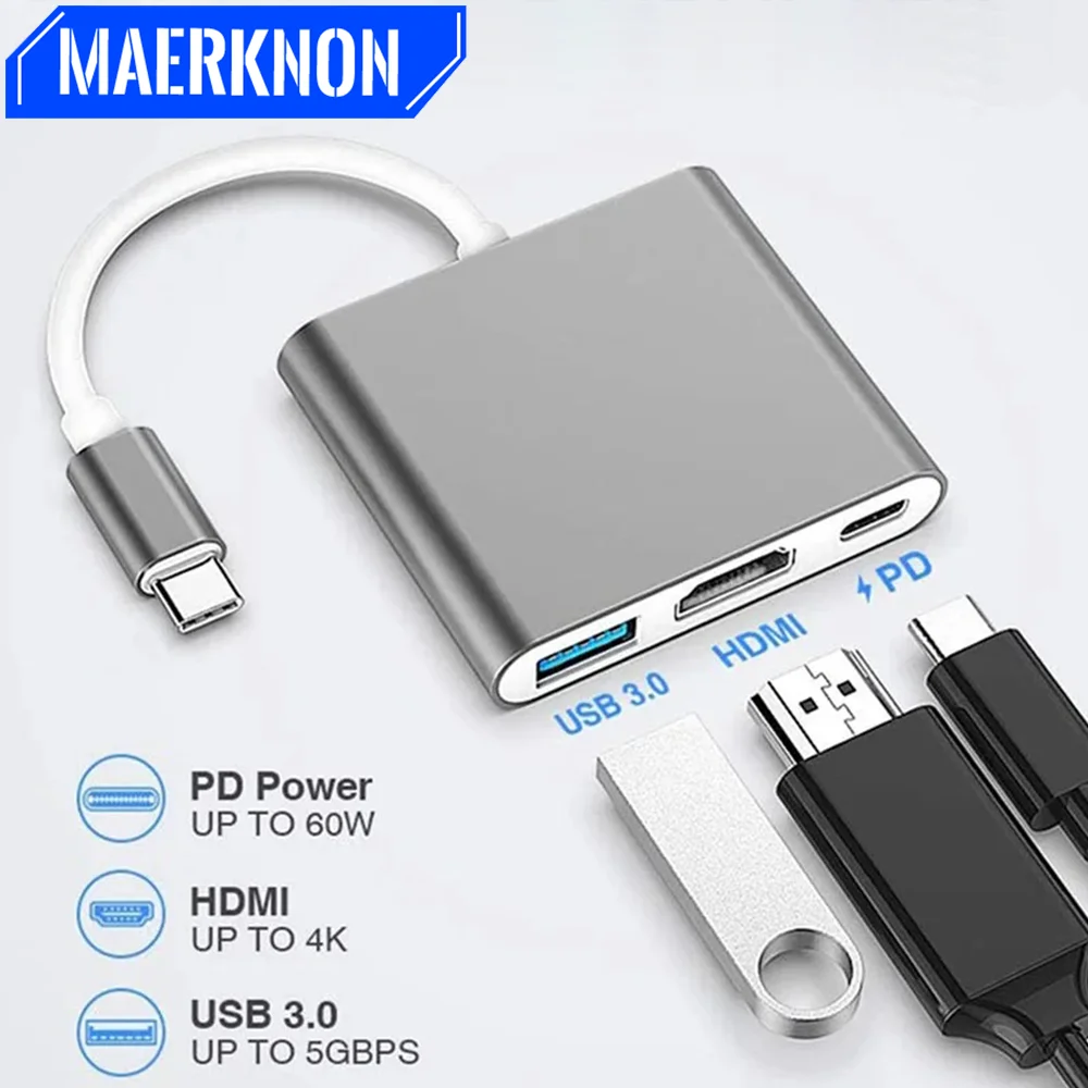 USB C Hub 3 in 1 Type C Adapter with 4K HDMI VGA USB 3.0 PD Fast Charge Splitter for MacBook Laptop Computer