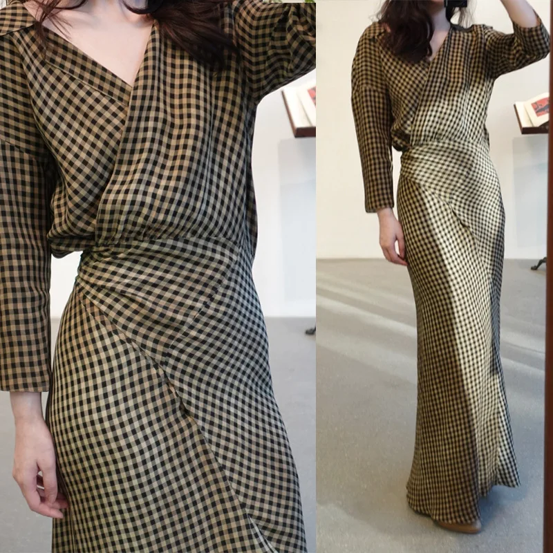 

Tall Curved Long Dress~Cortan@ Gradient Plaid Wrap Lace up Viscous Fiber Long Dress Elegant and Charming