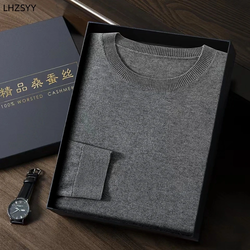 LHZSYY High-end Thin 85%Mulberry silk 15%Cashmere Sweater New Long-Sleeve Pullover Men' Business Leisure Worsted Knit Base Shirt 2