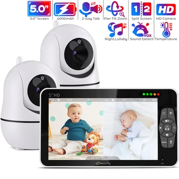 5 Inch Baby Monitor with 2 Cameras Split Screen PTZ Nanny Camera Intercom HD Night View Baby Phone 22H Battery Video Babysitter 1