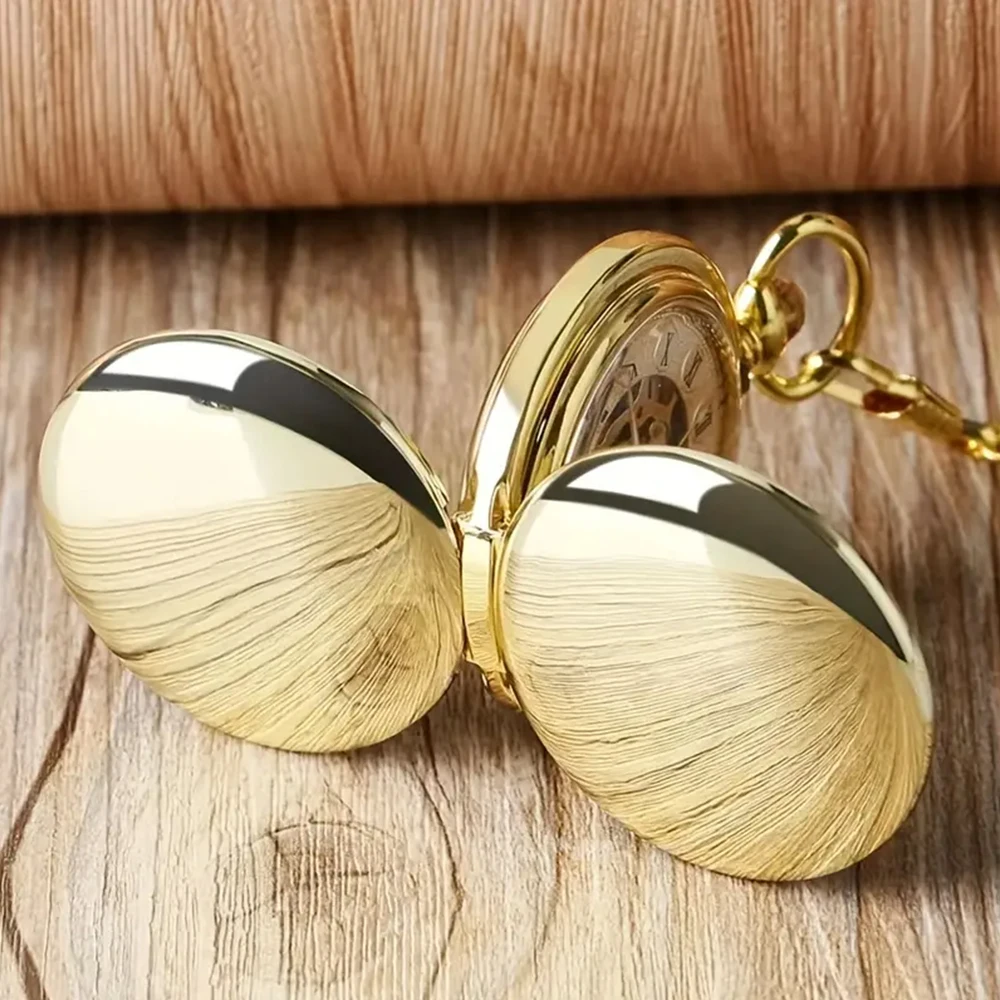 클래식 더블 커버 기계식 포켓 시계, 부드러운 케이스, 스켈레톤 다이얼, 로마 숫자, 수동 와인딩, 체인 포함, 남녀 공용