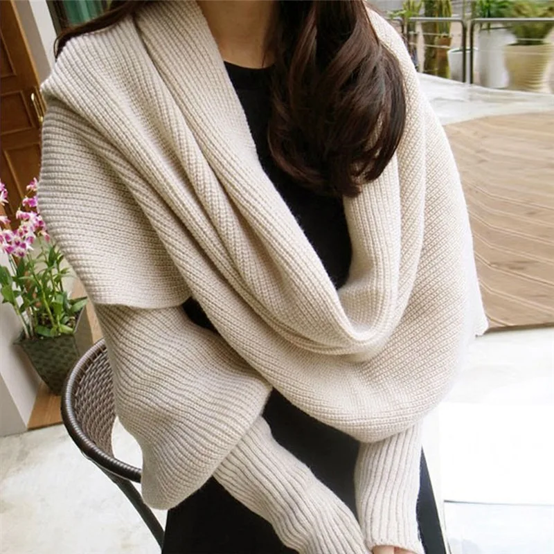 

Fashion Winter Warm Solid Color Knitted Wrap Scarf Crochet Thick Shawl Cape with Sleeve for Women and Men Scarf with Sleeves