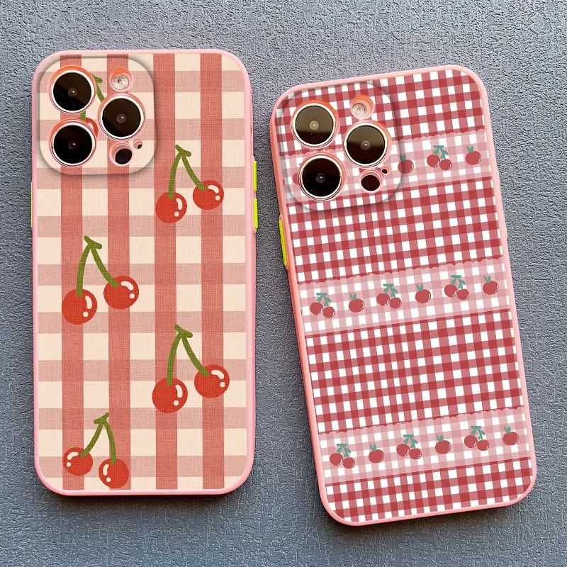 Stylish Blue Checkered Grid Pattern Cherry Phone Case
