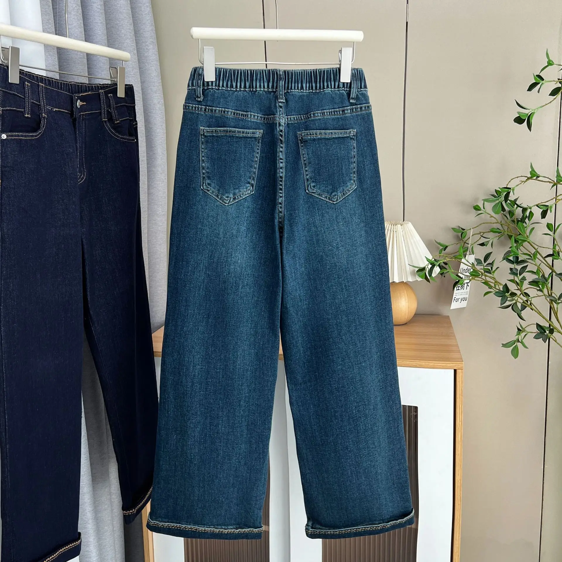 Fashion Plus Size Women's Jeans 2025 Autumn Simple High Waist Stretch Denim Leg Embroidery Straight Leg Ankle-Length Pants 2531