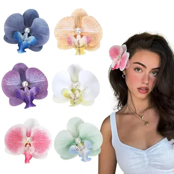 Flower Hair Clips 6 Pcs - Hawaiian Tropical Orchid Hair Clips Bohemian Hairpins with Artificial Silk Flowers for Women Beach