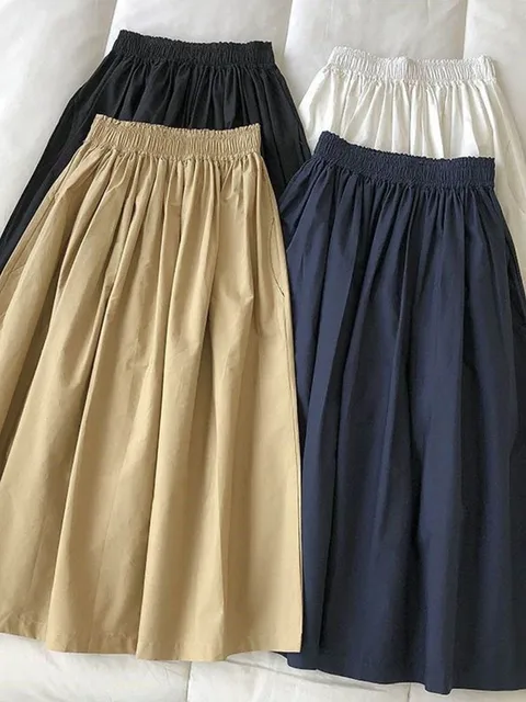 Women White Long Skirt Fashion Pockets Pleated Knee Length Skirts Autumn 2024 New Casual Elegant High Waist A Line Femme Skirts