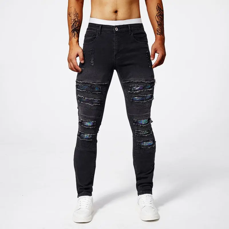 2024 New perforated patch men jeans designer elastic slim fit straight tube high quality casual elastic cotton bike denim pants