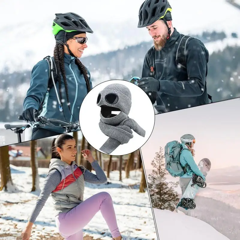 Conjoined Ear Protection Knitted Hat Scarf Windproof Hats With Goggles Windproof Ear Protection Hat Soft Winter Knitted For