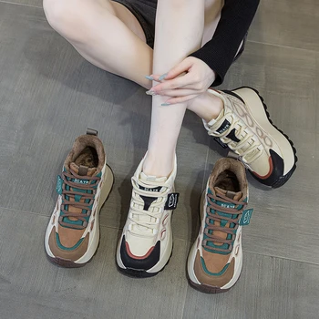 WomenS Winter Fleece Lined High Top Platform Sneakers Color Block Thick Bottom Casual Lace Up Warm Fashion Footwear For Ladies 1