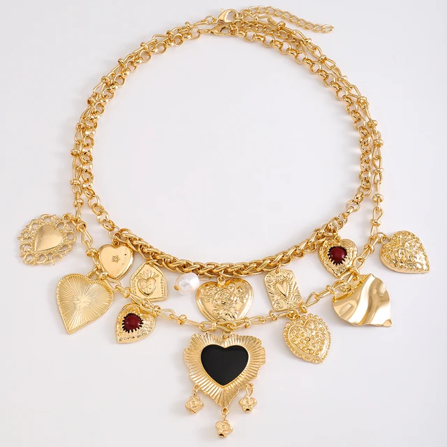 ZA 2024 New Two Pack of Heart Charm Necklace,Vintage Elegant Resin Enamel Heart Square Pendant Wedding Party Women Accessories 5