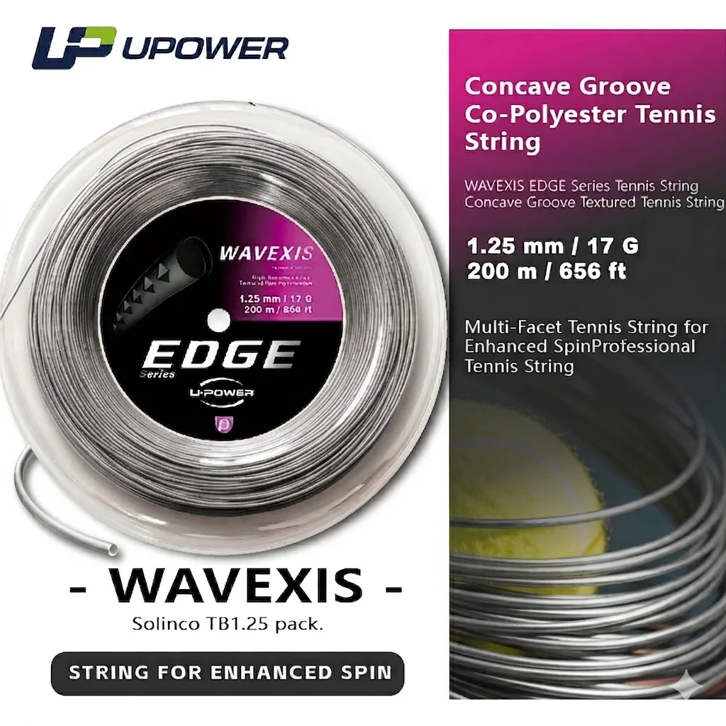 코폴리에스터 테니스 스트링 U-POWER EDGE WAVEXIS 오목 홈 핑크 1.25mm 200m 강화된 스핀