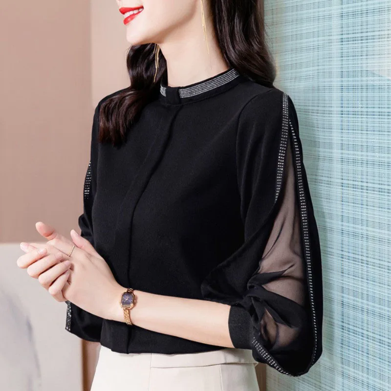 

Elegant Lantern Sleeve Spliced Gauze Diamonds Chiffon Blouse Women's Clothing 2023 Spring New Casual Pullovers Office Lady Shirt