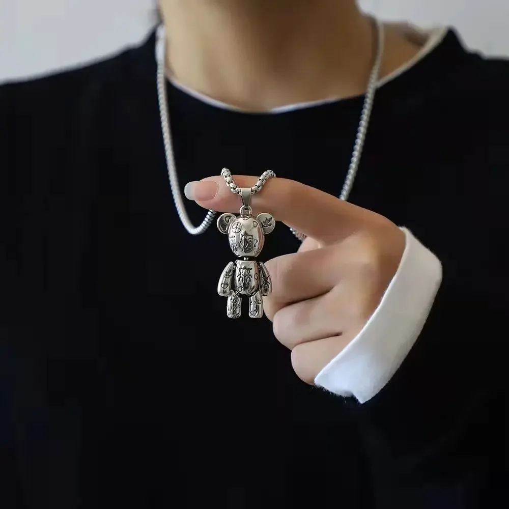 Actionable Graffiti Violence Bear Necklace Men's Personality Hip Hop Pendant Sweater Chain Hoodie Jewelry Accessories Wholesale unisex iced out bling submachine gun pendant necklace 13mm miami cuban chain hip hop rhinestone necklaces high quality jewelry