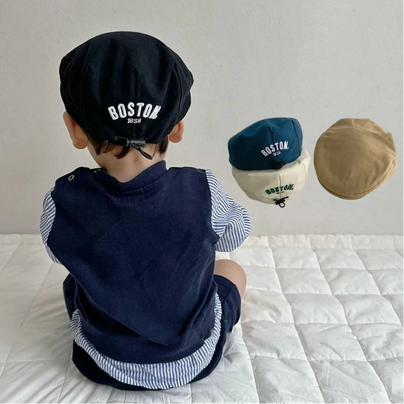 Korean Embroidered Kids Beret Hat Solid Letter Baby Adjustable Drawstring Forward Summer Cotton Children Flat Peaked beret hat woolen beret