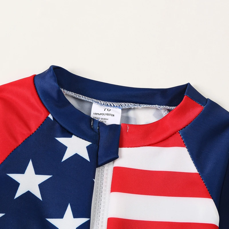 FOCUSNORM 0-5Y Independence Day Baby Boys 3pcs Swimsuits Long Sleeve Stars Stripe Print Tops Shorts Swimwear Sets with Sun Hat
