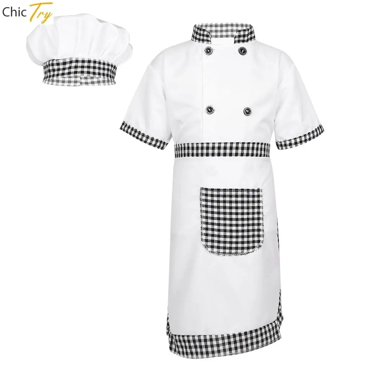 Unisex Boy Girls Chef Cosplay Costume Short Sleeves Jacket with Apron Cap Outfit Kitchen Cook Halloween Party Role Play Costume