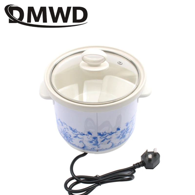 DMWD electric 140w Slow Cookers mini mechanical timer control stew foods Ceramic liner Blue and white porcelain color 1.5L 6