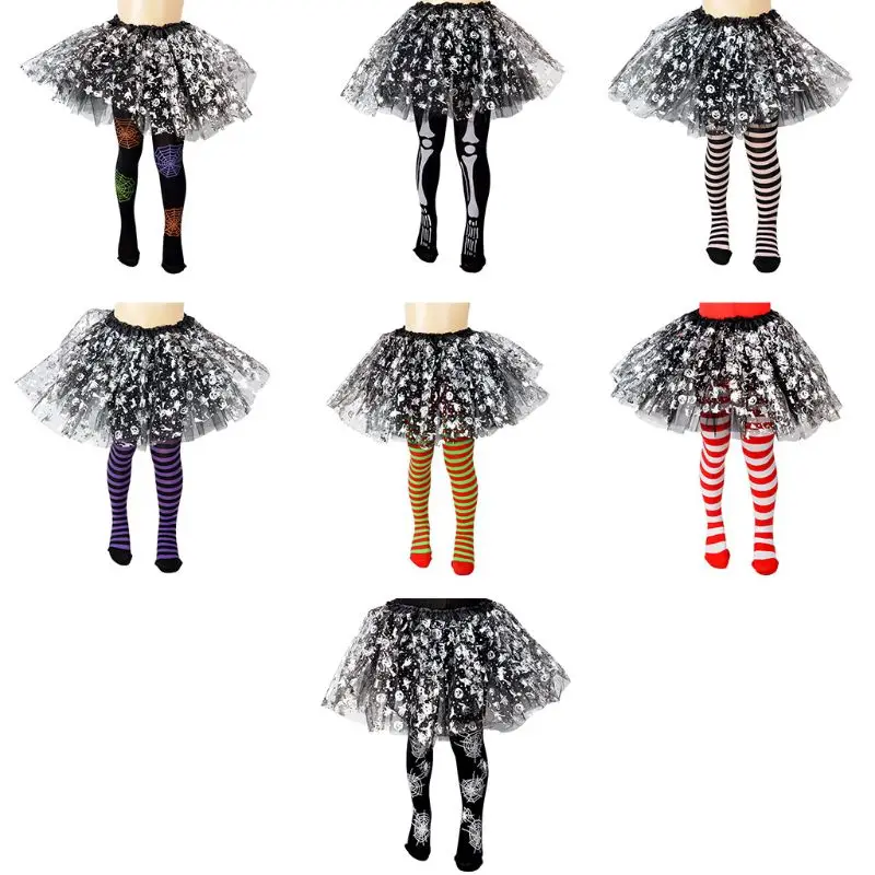 Girls Halloween Tights Stockings Cartoon Spiderweb Skeleton Striped Pantyhose Girls Halloween Tights