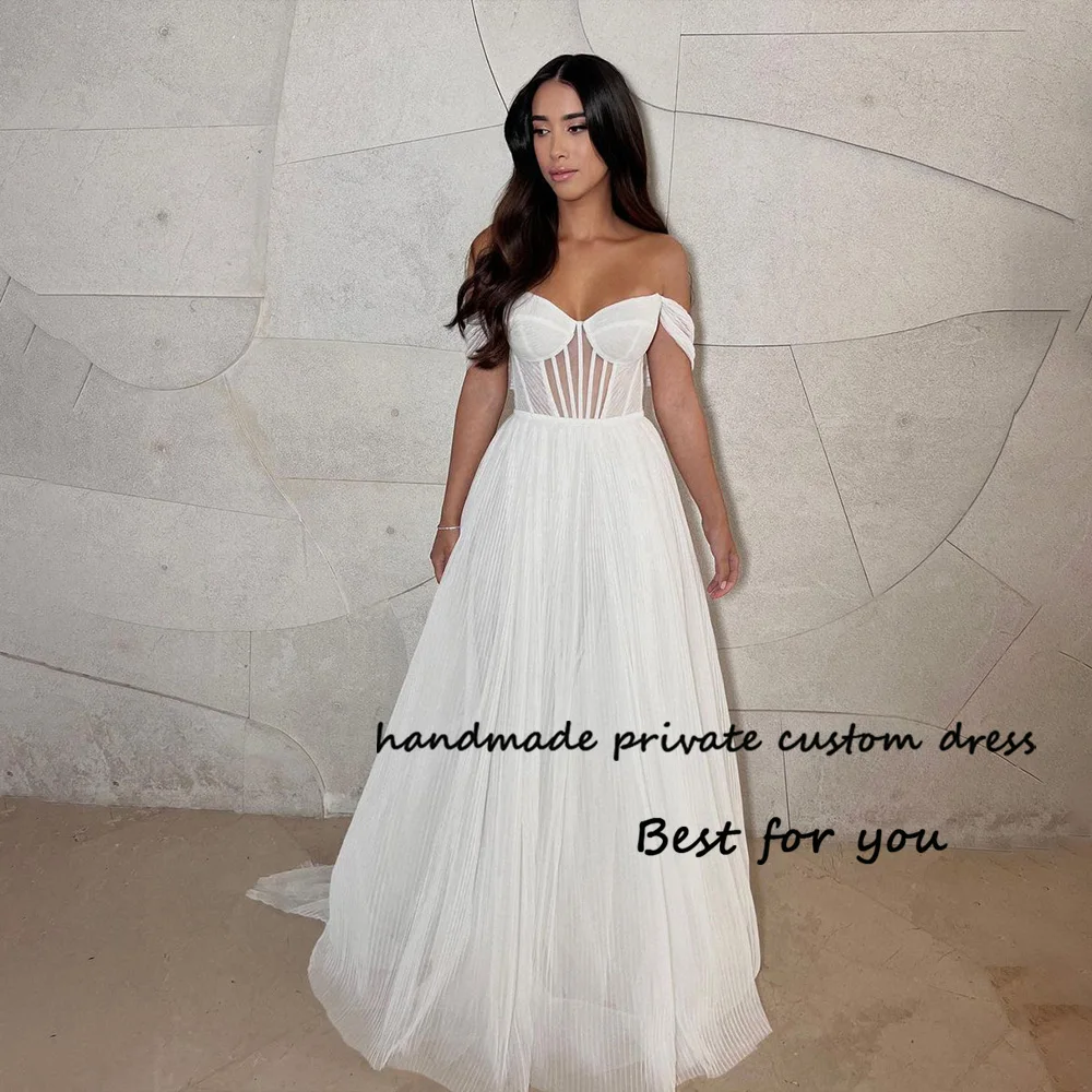 

White Tulle Off Shoulder Wedding Dresses Bone Corset Sweetheart Bride Dress A Line Israel Beach Bridal Gowns Floor Length