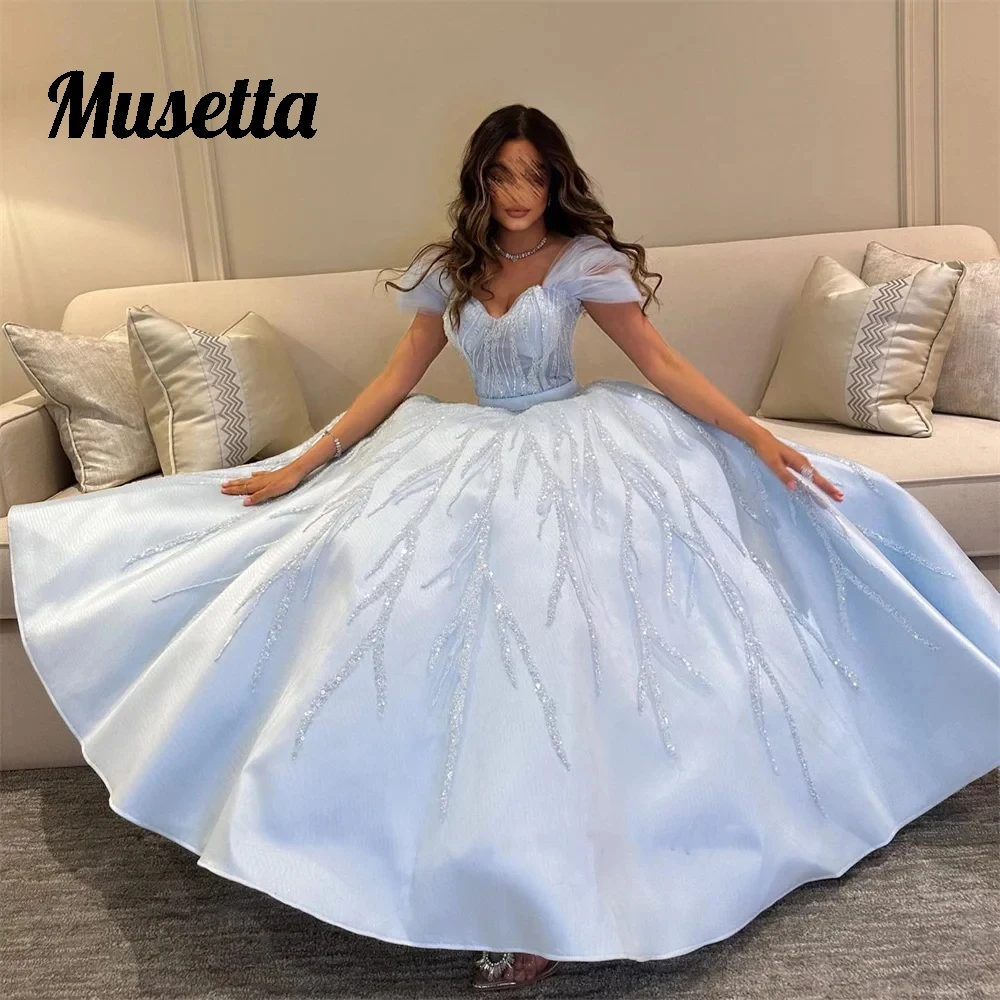 

Musetta Simple Sequins Satin Prom Dresses Off-the-shoulder A-line Sweep Train Formal Occasion Gown Ladies Dresses Custom Made