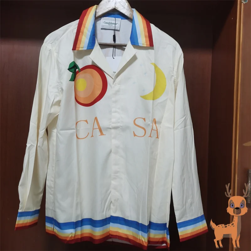 

Orange Moon Print Casa Vintage Casual Fun Shirt Real Photo Cuban Collar Loose Hawaiian Long Sleeve Shirts for Men and Women