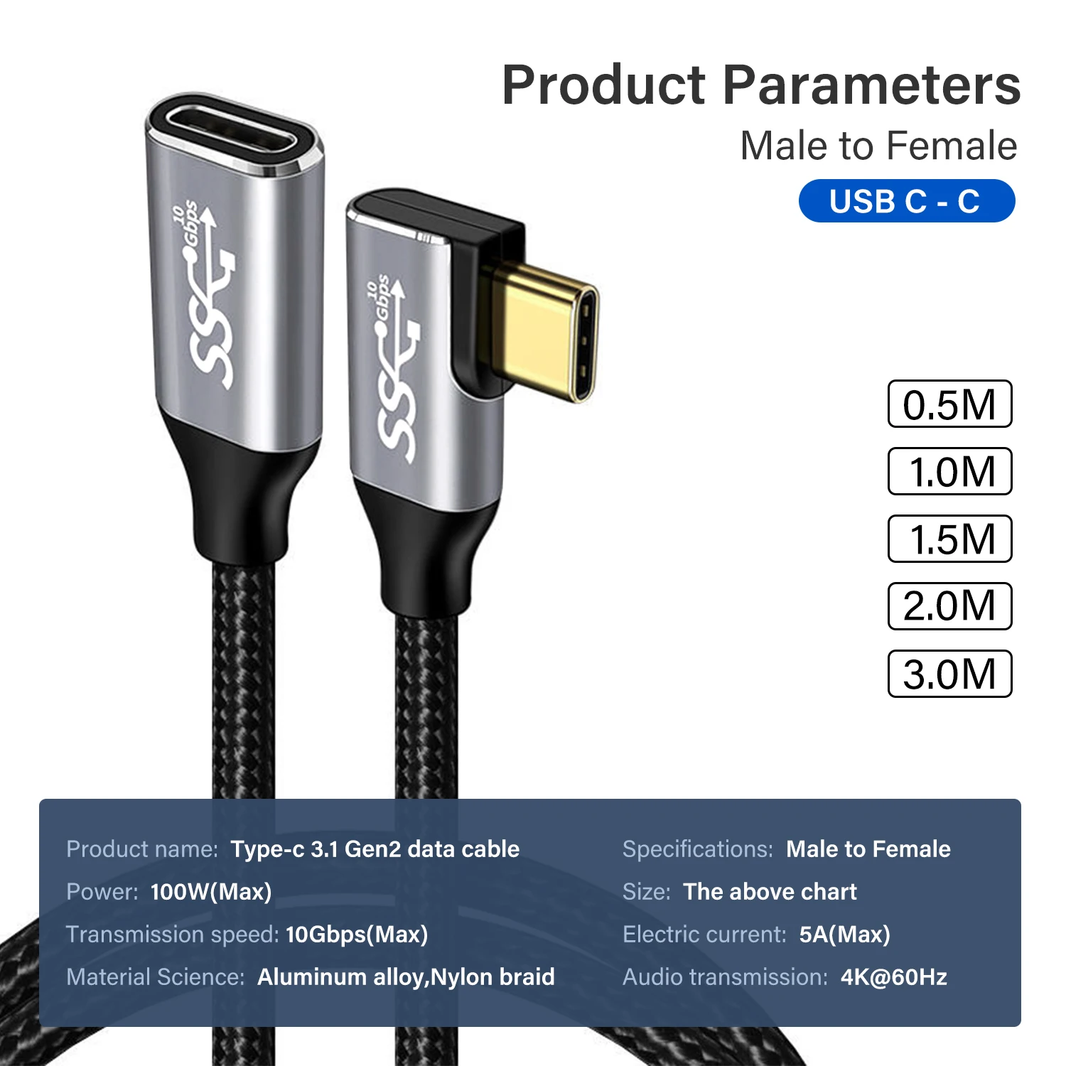 Ultra-High-Speed 100W USB-C Extension Cable with 90-Degree Elbow Design