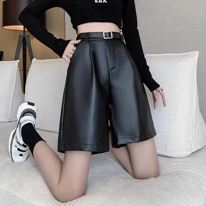 Women's Solid Color 2023 Autumn and Winter Loose High-waisted Zipper Button Leather Shorts Pockets Folds Casual Straight Pants