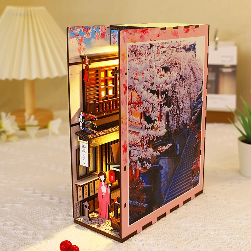 DIY Wooden Book Nook Shelf Insert Kits Miniature Japanese Cherry
