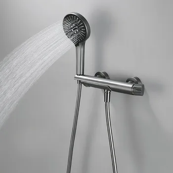 ก๊อกน้ําข้างอ่างอาบน้ําแบบขยายสีเทาปืนหรูหราน้ําร้อนและน้ําเย็นวาล์วผสมทองเหลืองพร้อมฝักบัวปืนฉีด 2