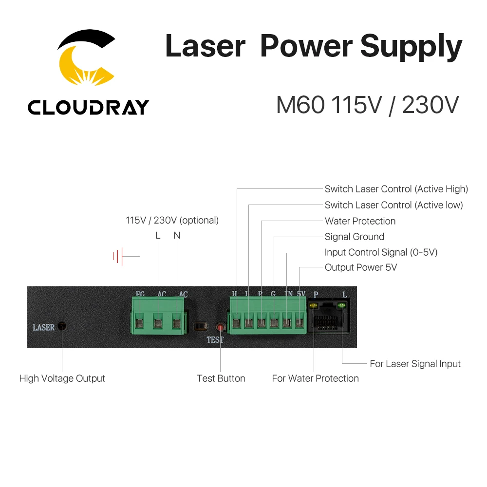 CO2 laser power supply 60W 115V/230V for CO2 laser engraving cutting machine