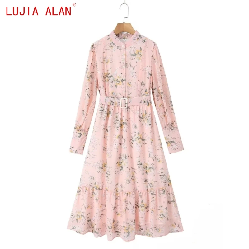 

New Women's Flower Print Pink Midi Dress Female Casual Long Sleeved Loose Vestidos LUJIA ALAN WD3977