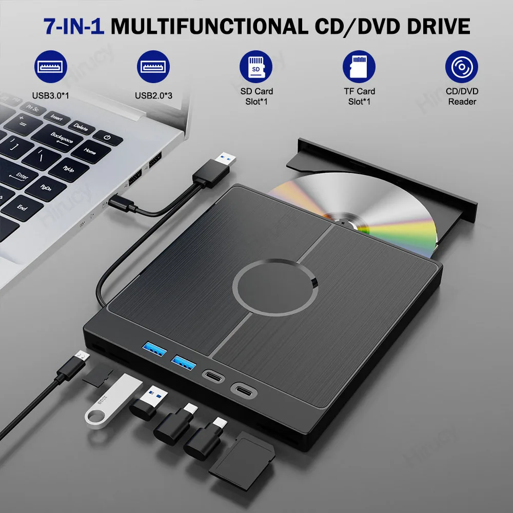 7-in-1 USB 3.0 Type C External CD DVD RW Optical Drive DVD Player Burner Reader Multi-Function Drive For Windows Mac PC Laptop Dvd Drive Dvd Writer External Optical Drive