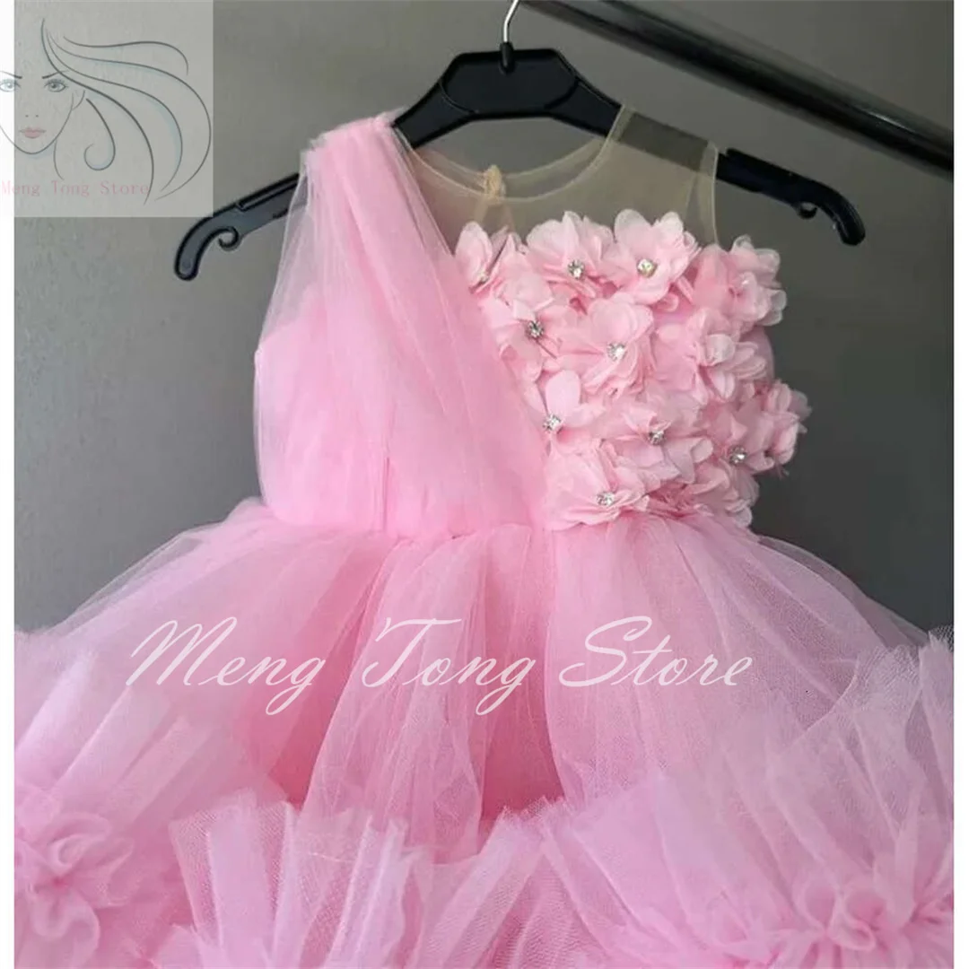 

Neck Pink Flower Girl Sheer Dresses Pearls Ball Gown Tiers Tulle Lilttle Kids Birthday Pageant Weddding Gowns