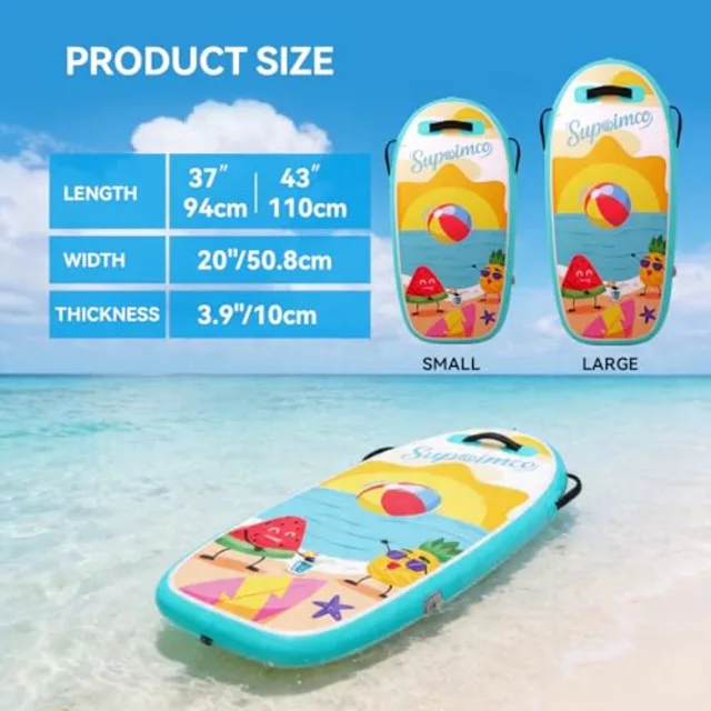 Inflatable Boogie Board for beach pool use, PVC core material, blue color, lightweight and foldable with wrist straps