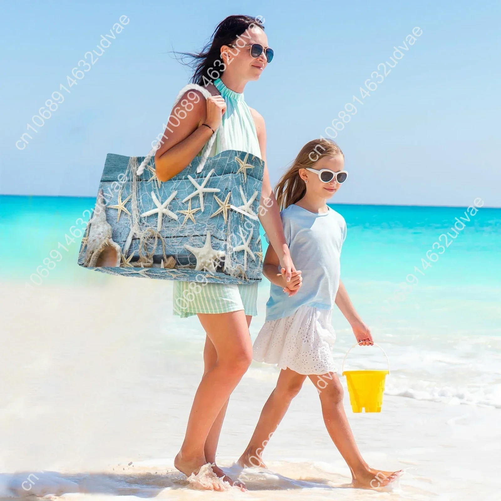 New Ladies Shoulder Bag Blue Ocean Seashell Beach Sand Prints Tote Shopping Bag Linen Fabric Beautiful Casual Practical Handbag