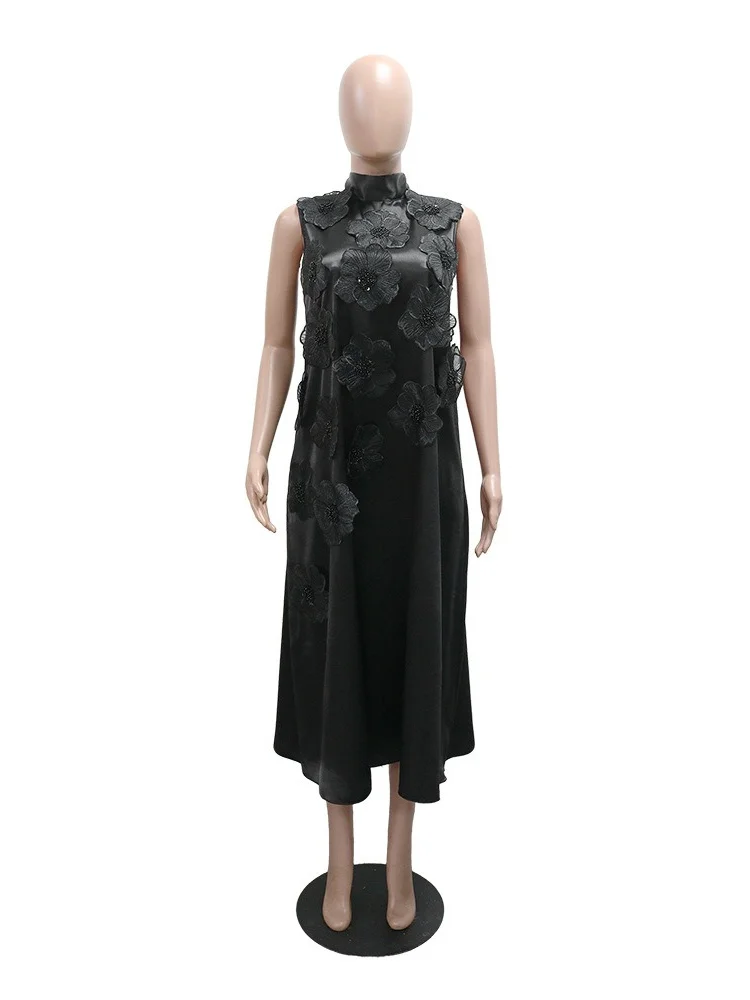 Wmstar Dress Women Wholesale Sleeveless Solid Round Neck Loose Elegant Flower Long Dress New in Summer Street Wear Dropshopping